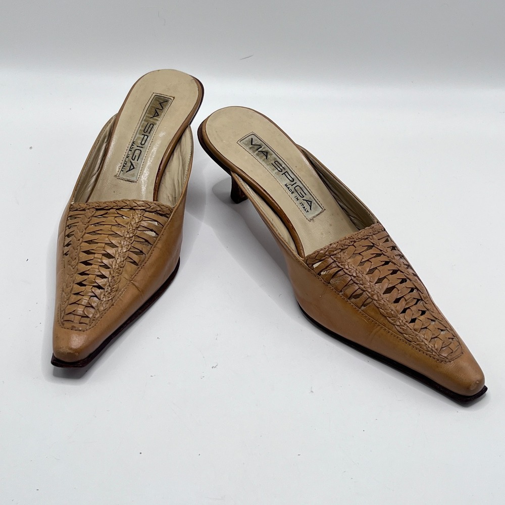 Via Spiga Tan Leather Woven Pointed Toe Kitten Heel Mules Made in Italy Size 5M